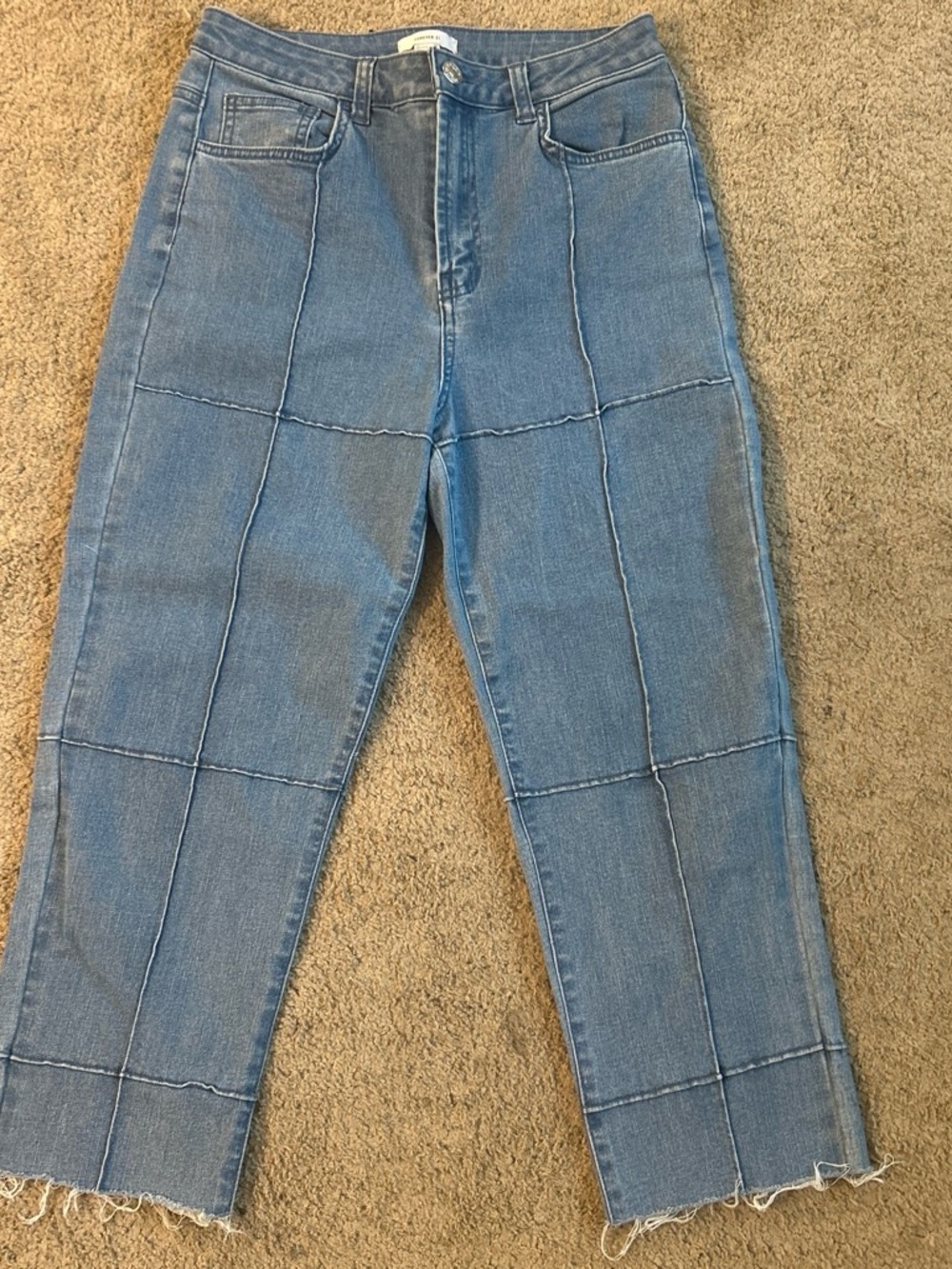 Forever 21 Light Blue Patchwork Straight Crop Jeans